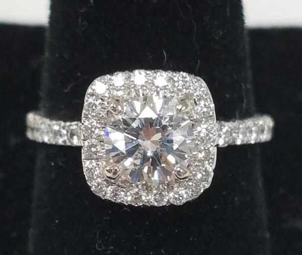 Ladies Cushion Halo Diamond Engagement Ring in 18K White Gold with 2.00 ct Total Diamond Weight and 1.05 ct Center Diamond