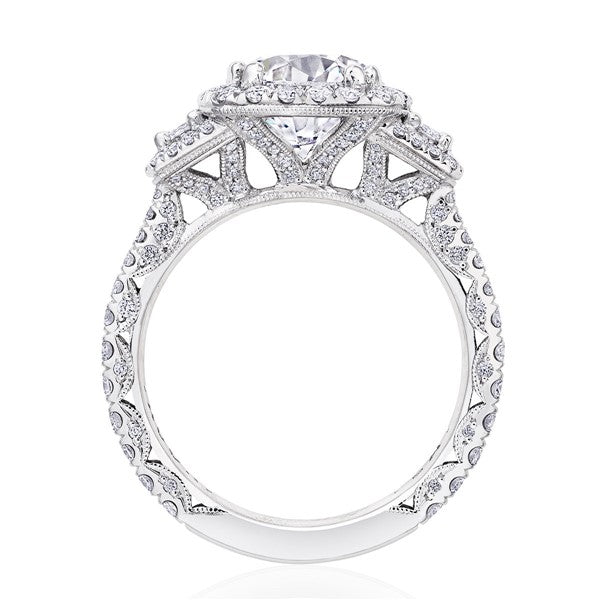 3-Stone Cushion Halo Pavé Diamond Engagement Ring with Cadillac Step Cuts, Crescent Gallery & Milgrain – 1.28 ct Total Weight (Center Stone Not Included)
