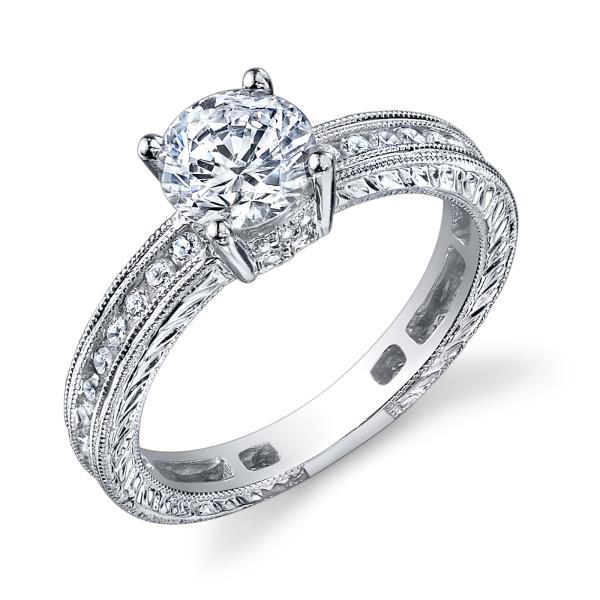 Vintage Engraved Bridal Ring in 18K White Gold for 0.49 to 1.00 ct Round Center Stone