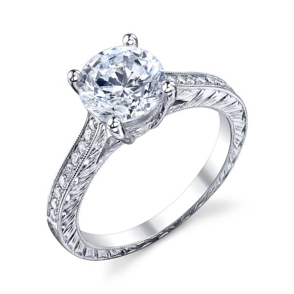 Vintage Style Engagement Ring in 18K White Gold for 0.17 to 1.50 ct Round Center Stone