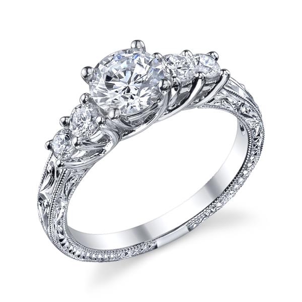 Vintage Style Engagement Ring in 18K White Gold for 0.37 to 0.65 ct Round Center Stone