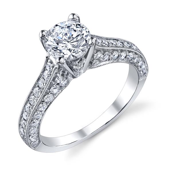 Vintage Style Platnium Engagement Ring semi mount t.w. fits approx .76ct - 1 Ct. Round Center Stone.  ||| *Center Stone is NOT included in Price*