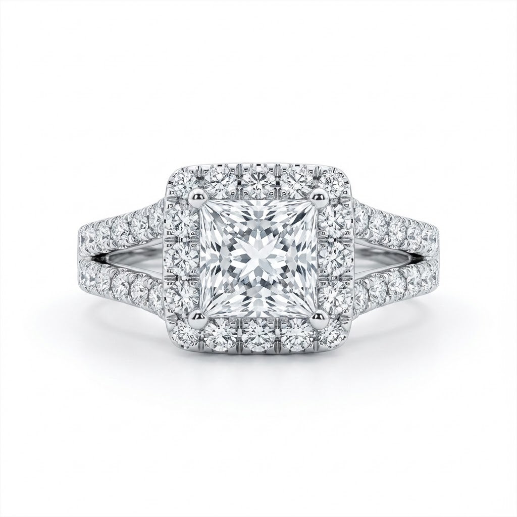 3.07cttw Princess Cut Halo Split Shank Engagement Ring | 1.51ct F Color SI2 GIA Certified Center | 18k White Gold