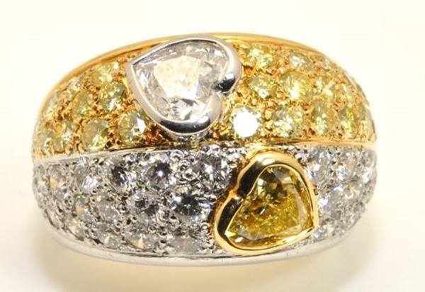 Ladies Fashion Ring ||| 210-80-1927:  Diamond Ring  ||| Platinum & 18k; GIA Intense Yellow Heart diam = 0.63ct ||| EGL E/SI2 Heart diam = 0.70ct;  ||| 28 Intense Yellow RB diam = 1.29ct;  ||| 28 wh RB
