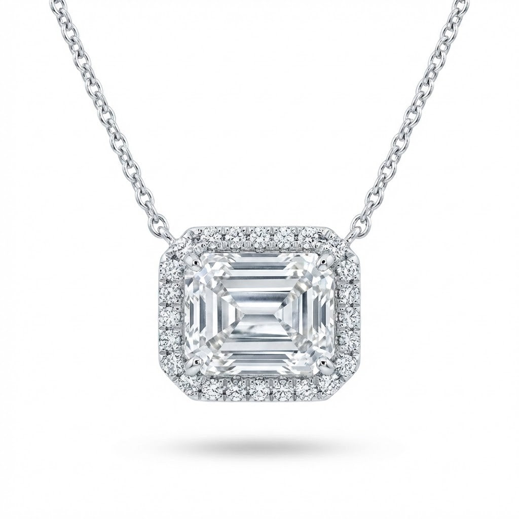 Emerald-Cut Diamond Halo Pendant in 14k White Gold 2.97cttw (GIA Certified F/VS2)