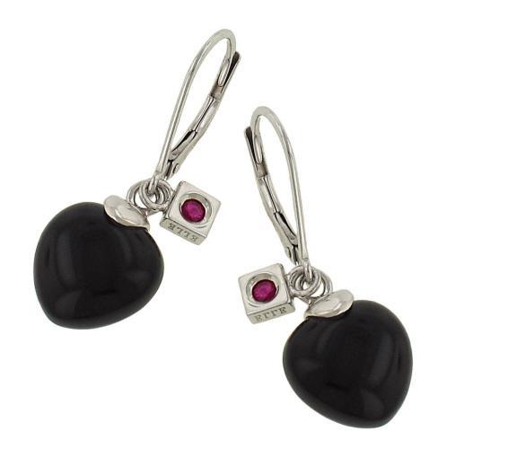 LD ''HEARTS'' HRT SHAPE BLK AGATE DANGL ER W/RUBY ||| RHOD FIN STSILV |||