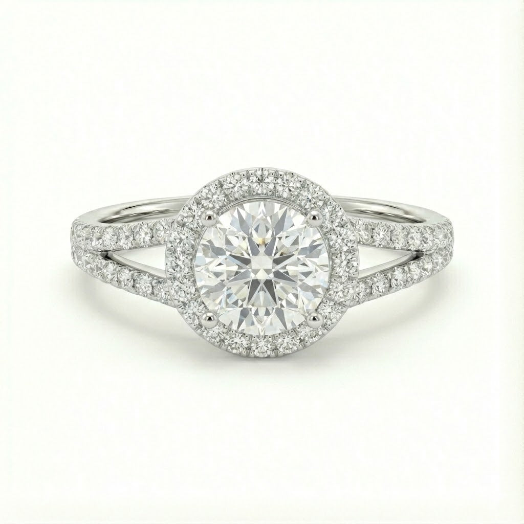 Halo Design Round Pavé Diamond Engagement Ring with Split Shank – 0.51 ct Total Weight (Center Stone Not Included)