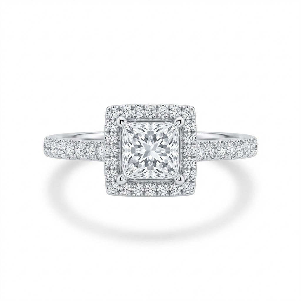 Halo Diamond Engagement Ring in 14K White Gold with 1.55 ct Total Diamond Weight and 1.05 ct Princess Cut Center