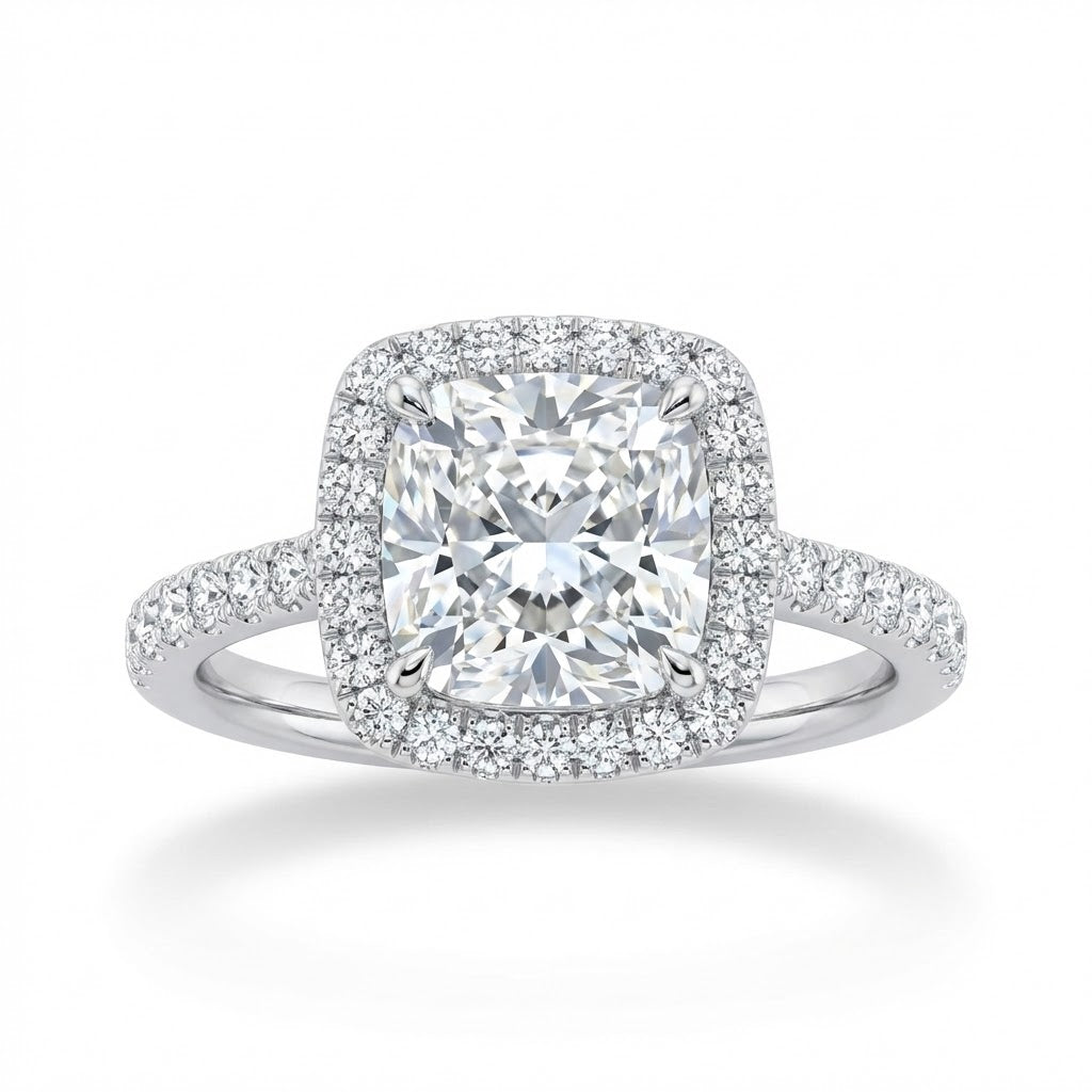 Halo Diamond Engagement Ring in 14K White Gold with 2.01 ct Total Diamond Weight and 1.51 ct Cushion Cut Center Diamond