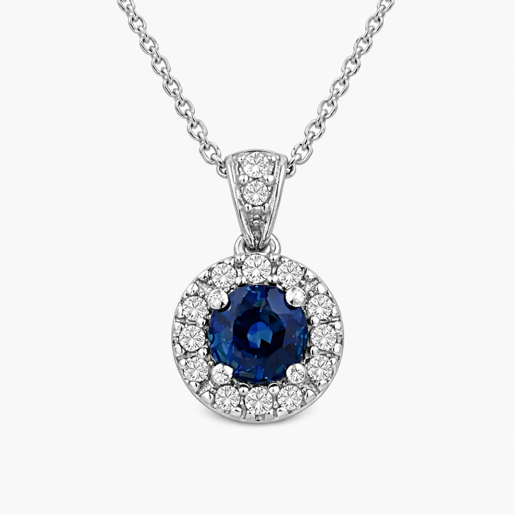 Halo Style Blue Sapphire and Diamond Pendant Necklace – 0.45cttw Gem & 0.11cttw Diamond