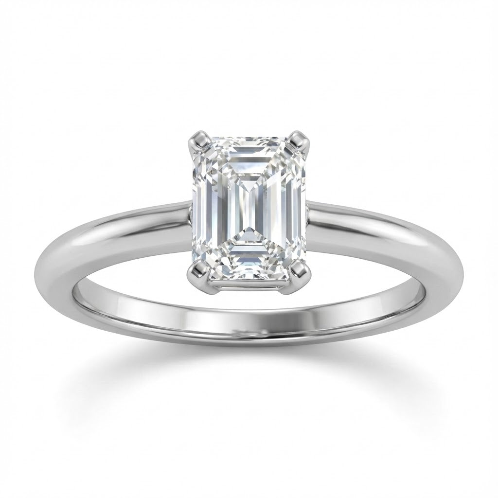 Ladies 14K White Gold Classic Solitaire Emerald Cut Diamond Engagement Ring – 1.01 ct in 4-Prong Flat-Sided Setting