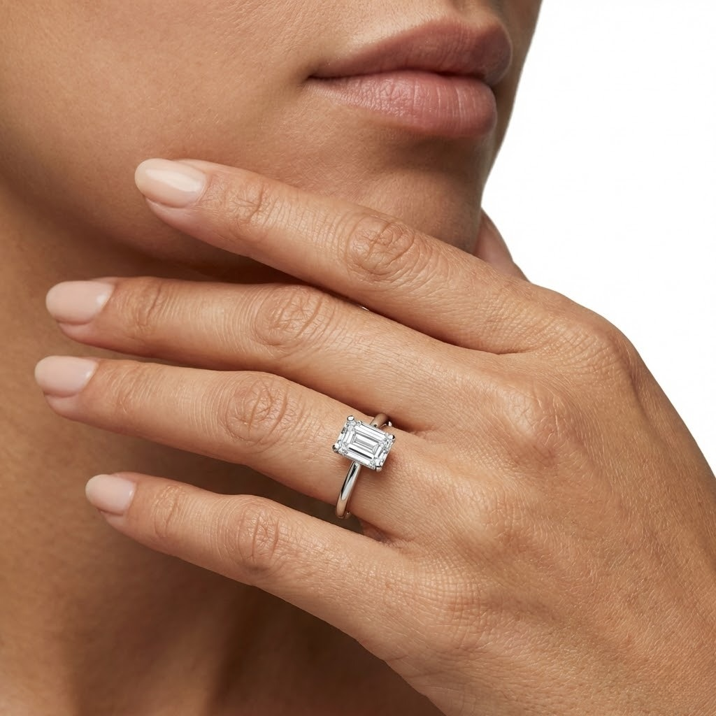 Ladies 14K White Gold Classic Solitaire Emerald Cut Diamond Engagement Ring – 1.01 ct in 4-Prong Flat-Sided Setting