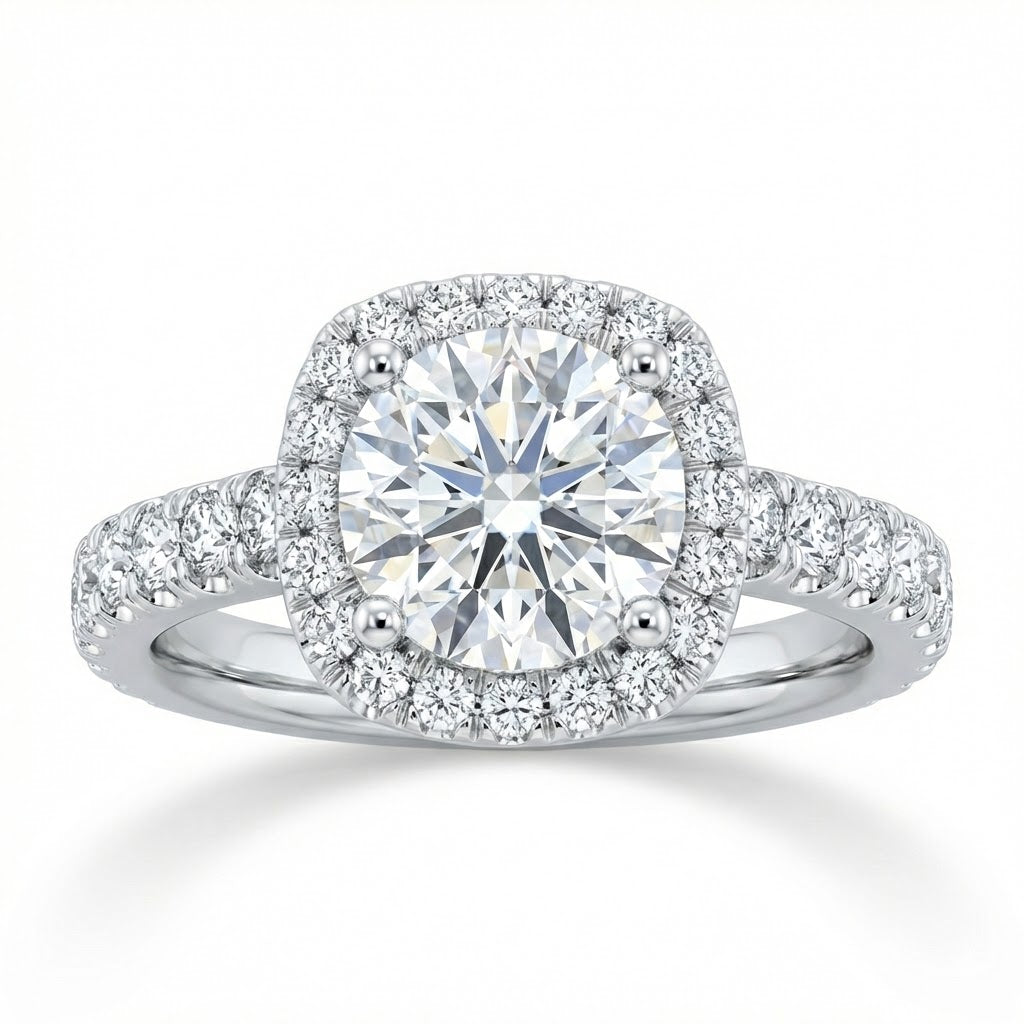 Ladies 14K White Gold Cushion Halo Pavé Diamond Engagement Ring – 1.93 ct Total Weight F / VS2