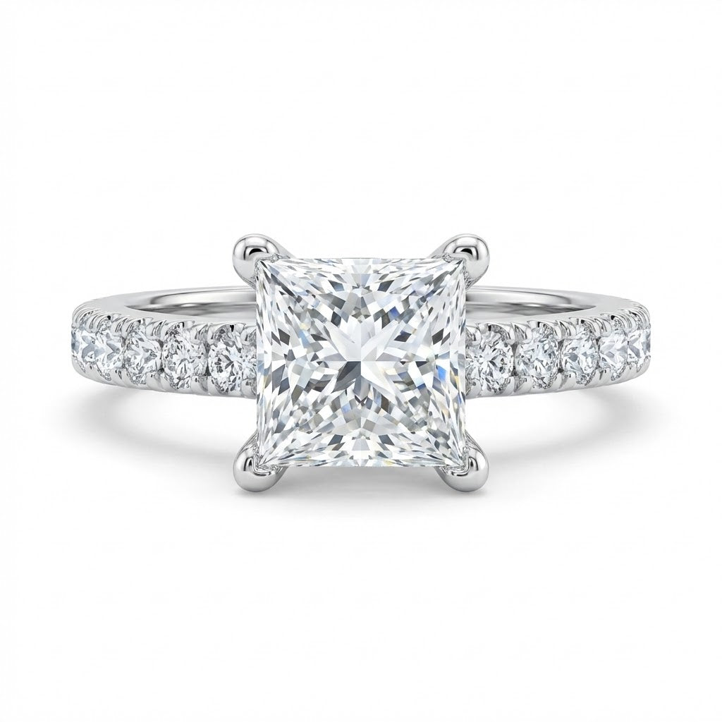 Ladies 14K White Gold Diamond Engagement Ring with 1.82 ct Total Diamond Weight Featuring a 1.19 ct Princess Cut Center
