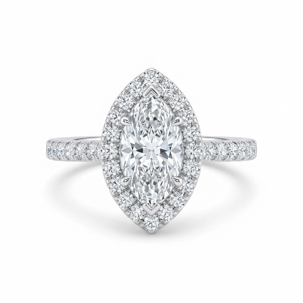Ladies 14K White Gold Halo Diamond Engagement Ring with 1.53 ct Marquise Center and 0.45 ct Accent Diamonds