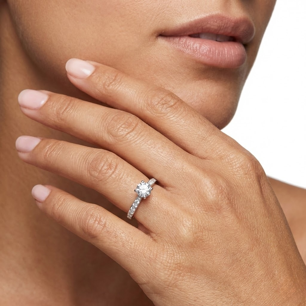 Ladies 14K White Gold Pavé Cathedral Engagement Ring – Semi-Mount for 0.19–0.50 ct Round Center Stone (Center Stone Not Included)