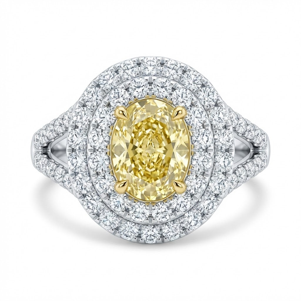 Ladies 18K White Gold Double Halo Engagement Ring with Fancy Yellow Oval Diamond – 1.89 ct Total Diamond Weight