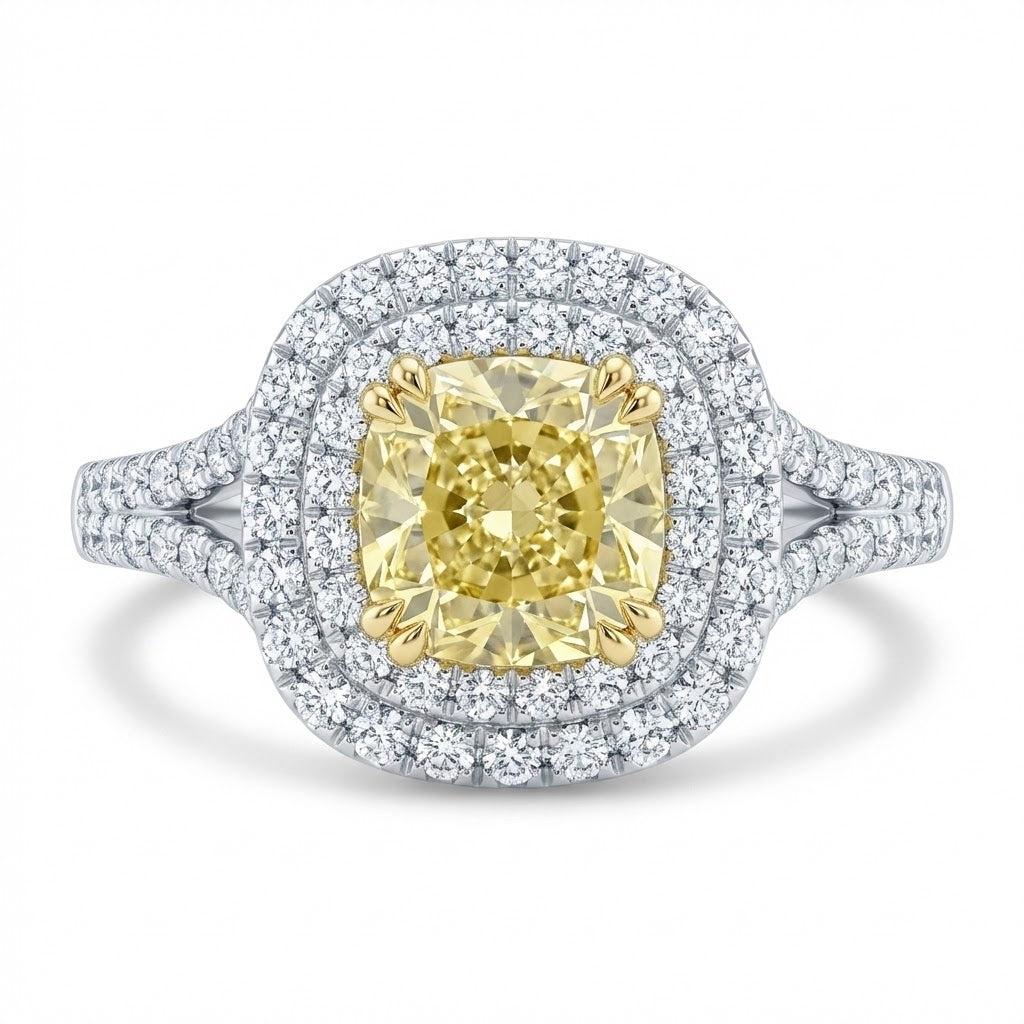 Ladies 18K White Gold Double Halo Split Shank Engagement Ring with Fancy Yellow Cushion Cut Diamond – 1.49 ct Total Diamond Weight