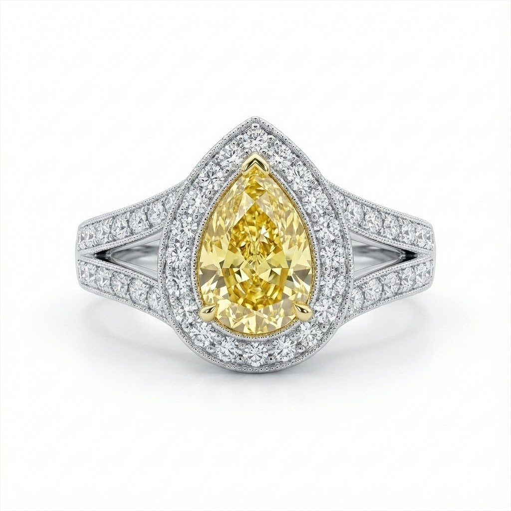 Ladies 18K White Gold Halo Split Shank Engagement Ring with Milgrain and Pavé Diamonds Featuring a Fancy Yellow Pear-Shaped Center – 1.49 ct Total Diamond Weight