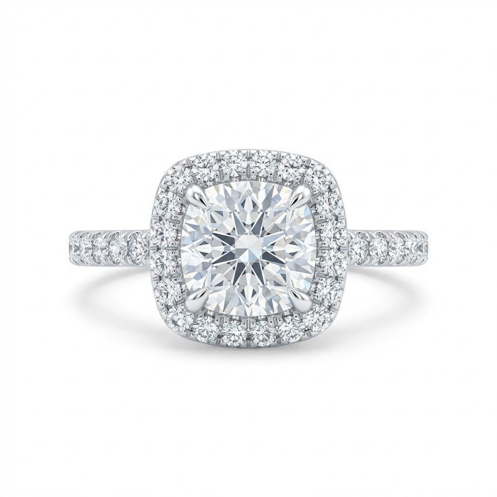 Ladies Cushion Halo Diamond Engagement Ring in 18K White Gold with 2.00 ct Total Diamond Weight and 1.05 ct Center Diamond