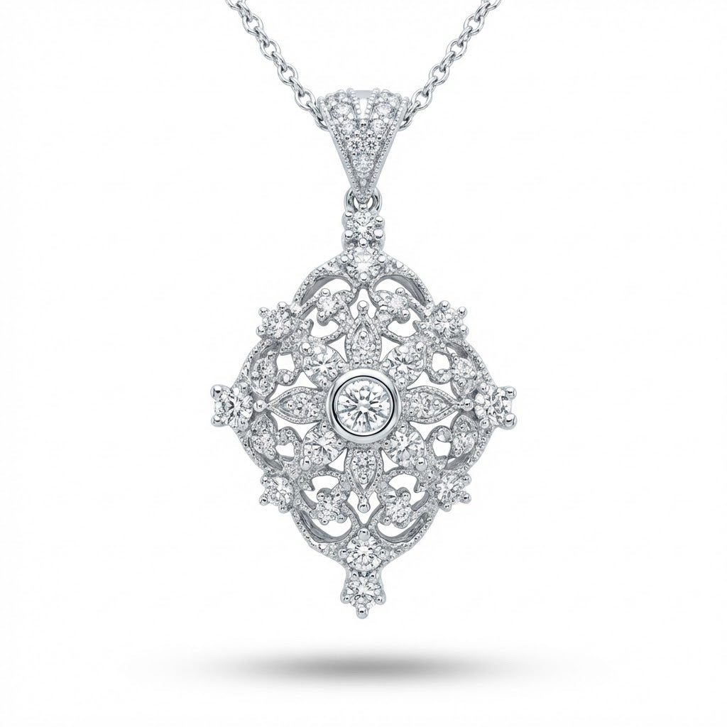 Ladies Ornate Diamond Pendant in 14k White Gold 1.00cttw