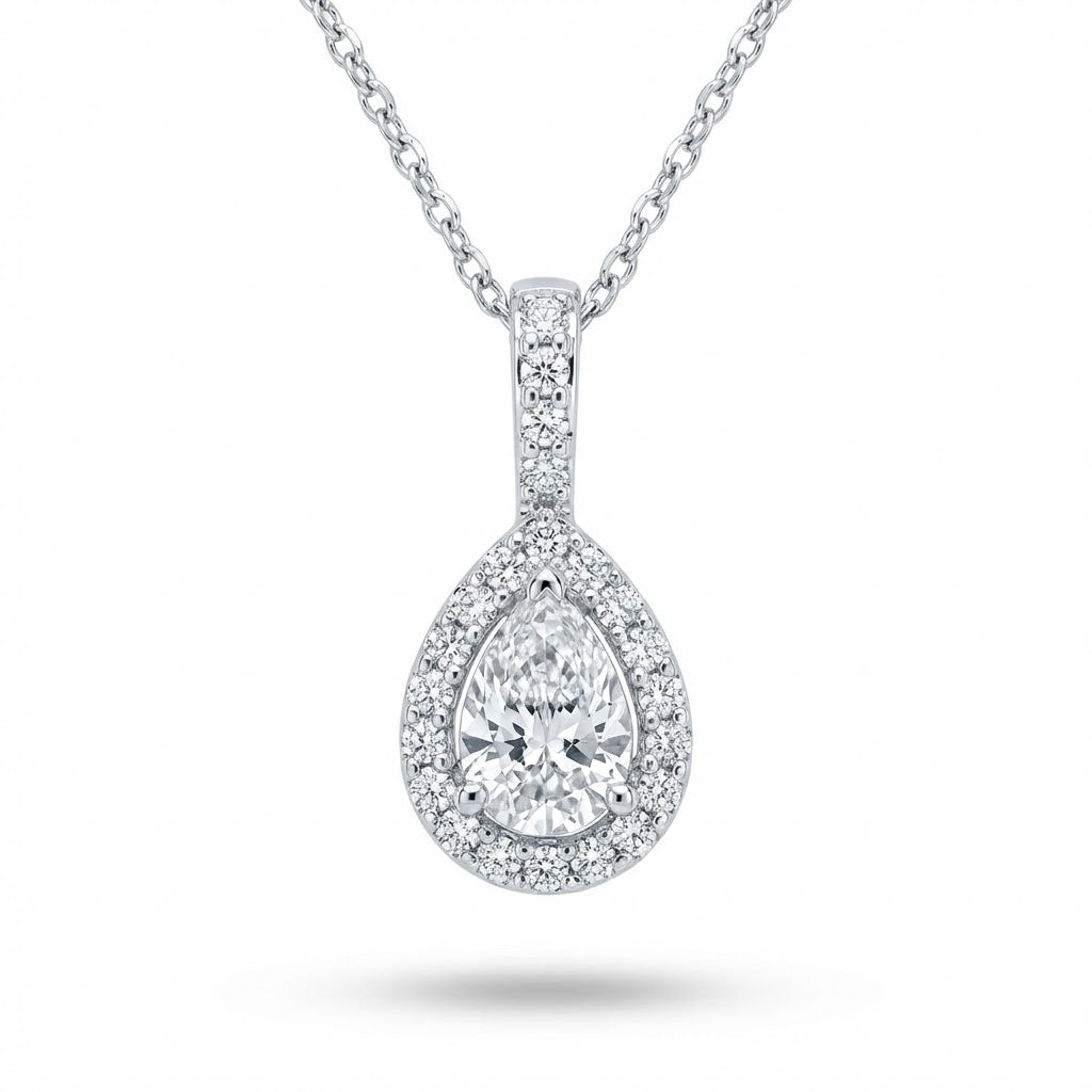 Ladies Pear-Shaped Halo Diamond Pendant in 14k White Gold 1.00cttw