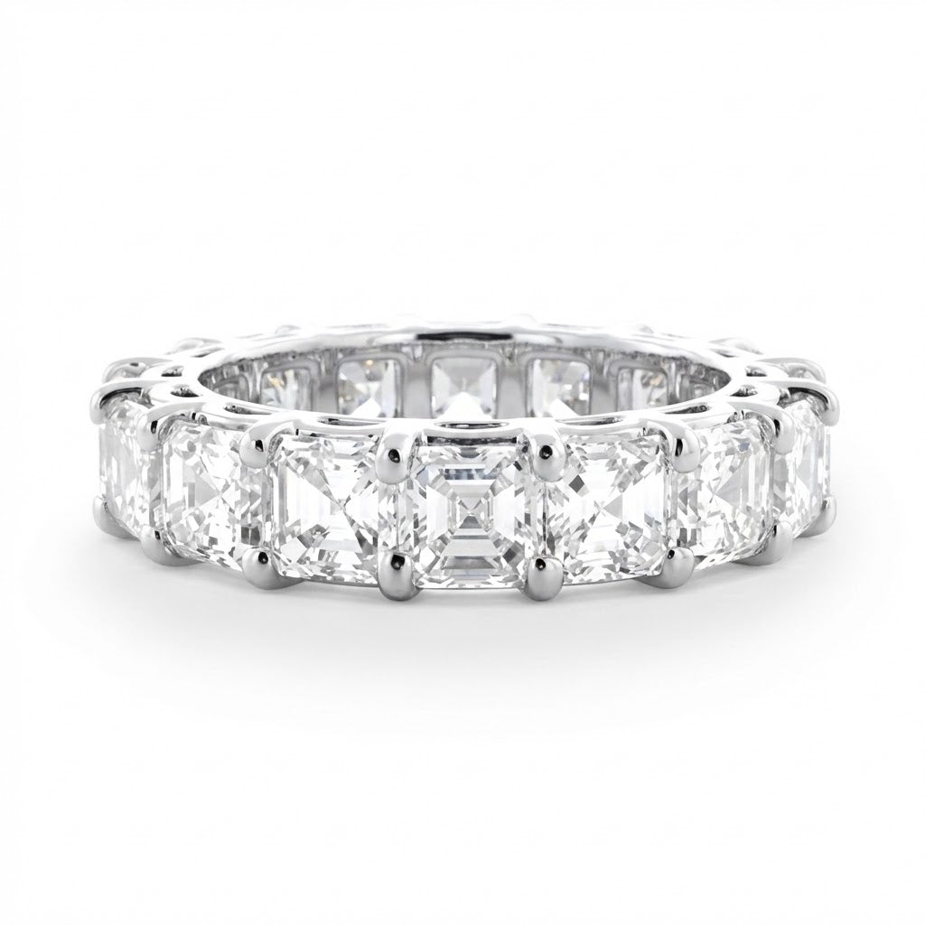 Ladies Platinum Eternity Band with 15 U-Prong Set Asscher Cut Diamonds, 6.28 cttw, Size 5.5