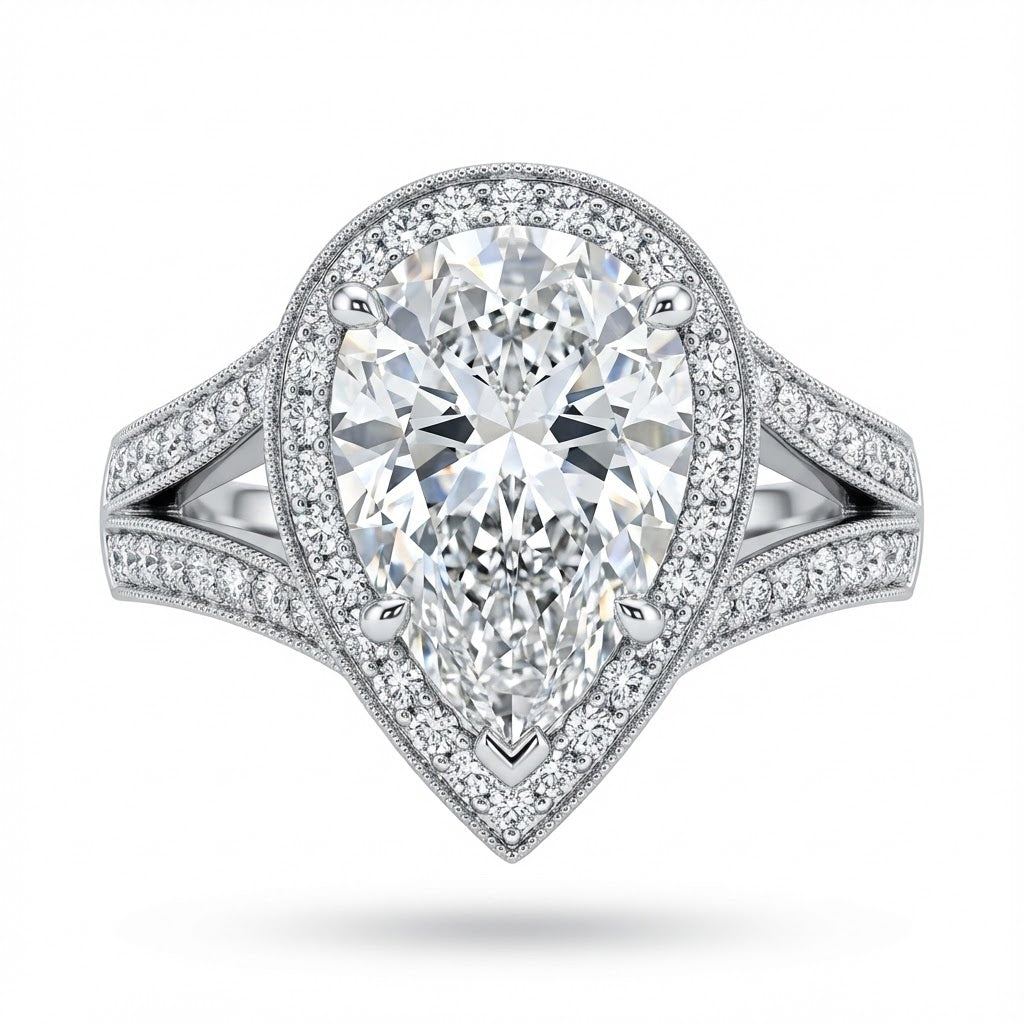 Ladies Platinum Pear Shape Halo Diamond Engagement Ring with Split Shank and Pavé Accents – 11.21 ct Total Diamond Weight