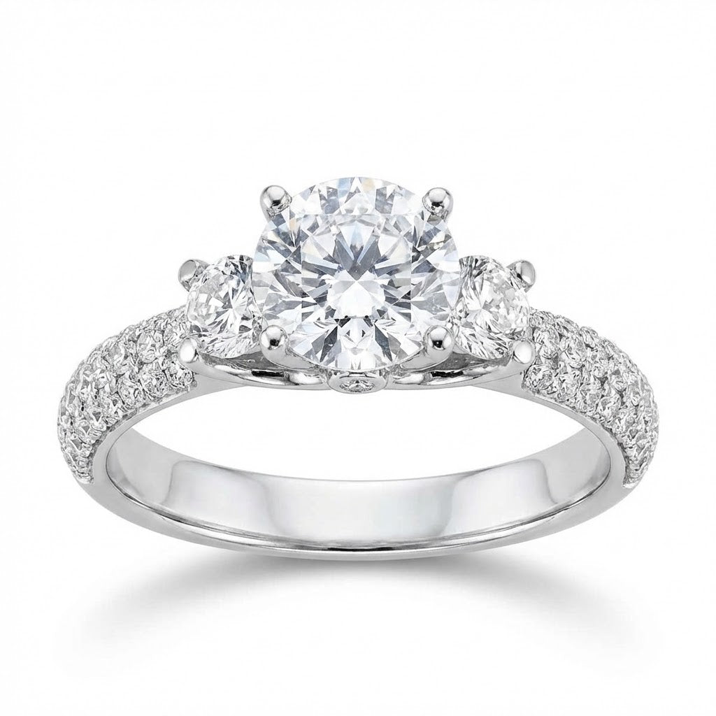 Ladies Three-Stone Pavé Diamond Engagement Ring in 14K White Gold with 1.28 ct Total Diamond Weight (Center Stone Not Included)
