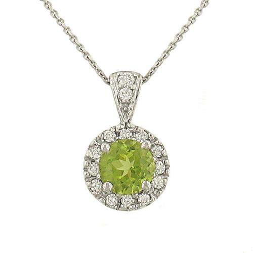 14K White Gold Peridot and Diamond Halo Pendant 0.65cttw