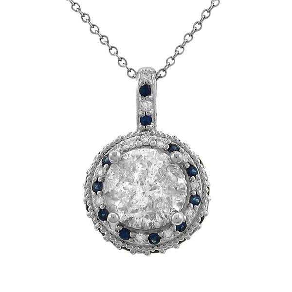 Halo Design Diamond and Blue Sapphire Pendant with 2.16ct Center Diamond and Milgrain Detail – 2.65cttw
