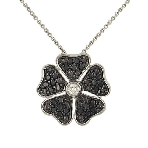 14K White Gold Black and White Diamond Flower Pendant Necklace – 0.12cttw