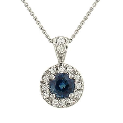 Halo Style Blue Sapphire and Diamond Pendant Necklace – 0.45cttw Gem & 0.11cttw Diamond