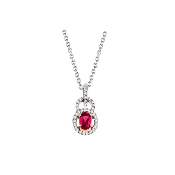 Ladies Double Circle Pavé Diamond Pendant with Oval Ruby on Cable Chain – 0.66cttw Gem & 0.16cttw Diamonds