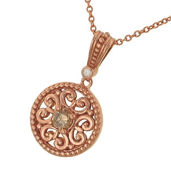 Ladies Champagne Diamond Filigree Circle Pendant with Bezel Bail on Cable Chain – 0.16cttw
