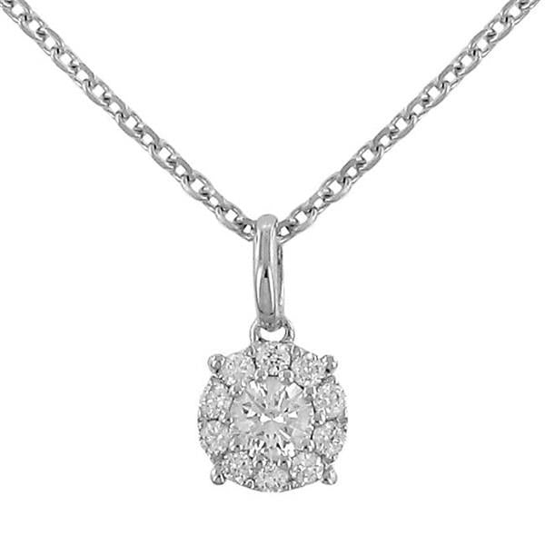 Ladies Diamond Halo Pendant with Prong-Set Center on Cable Chain – 0.20cttw