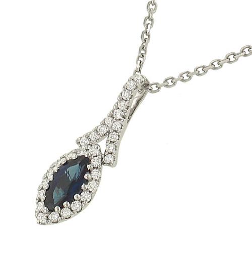 Ladies Marquise Blue Sapphire Pendant with Pavé Diamond Accents on Cable Chain – 0.47cttw Gem & 0.16cttw Diamonds