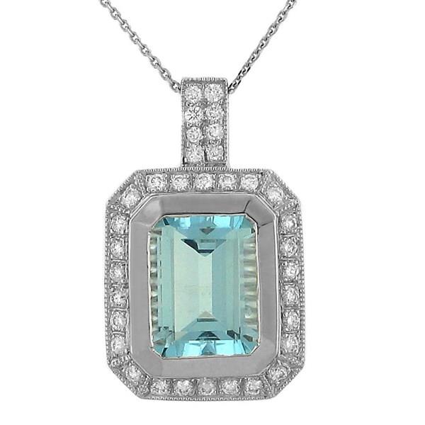 Ladies “Fashion Color” Emerald-Cut Aquamarine Pendant with Pavé Diamond Bail and Milgrain Trim – 2.81cttw Gem & 0.27cttw Diamonds (Chain Sold Separately)