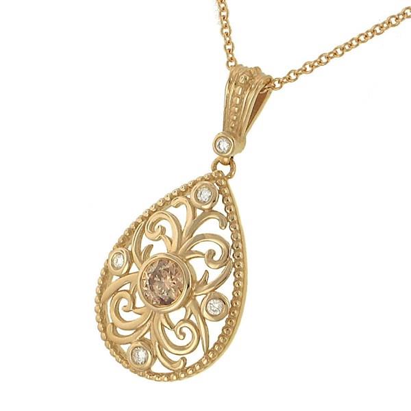 Filigree Pear-Shaped Pendant with Bezel-Set Fancy Color Diamond and Milgrain Accents on Cable Chain – 0.33cttw