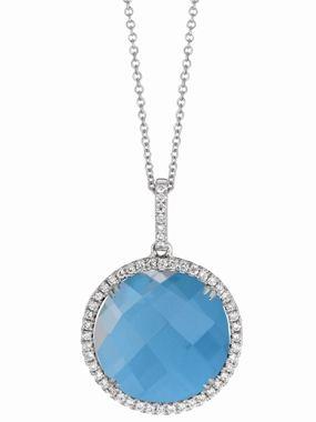 Ladies "St. Barths Blue" Quartz Over Turquoise Pendant with Pavé Diamond Halo on 18k White Gold Cable Chain – 12.82ct Gem & 0.29cttw Diamonds