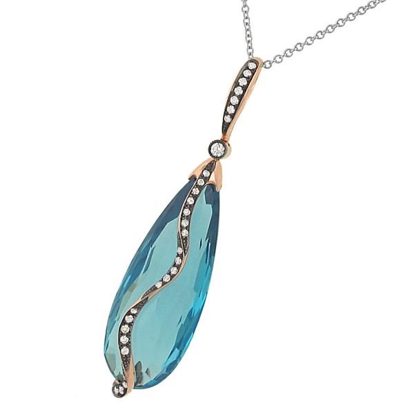Faceted Pear-Shaped Briolette Blue Topaz Pendant with Pavé and Bezel-Set Diamond Accents – 18.85cttw Gem & 0.18cttw Diamonds