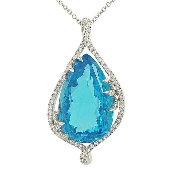 Ladies Pear-Shaped Blue Topaz Pendant with Pavé Diamond Prongs and Ribbon Halo on Adjustable 19" Chain – 16.21cttw Gem & 0.33cttw Diamonds