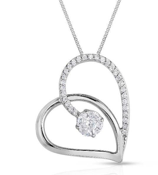 Pavé Diamond Heart Pendant with Mosaic Center in 14k White Gold 0.25cttw