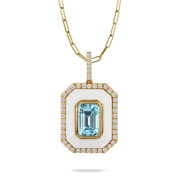 Sky Blue Topaz and White Agate Pendant with Diamond Halo on 18" Chain 6.35cttw