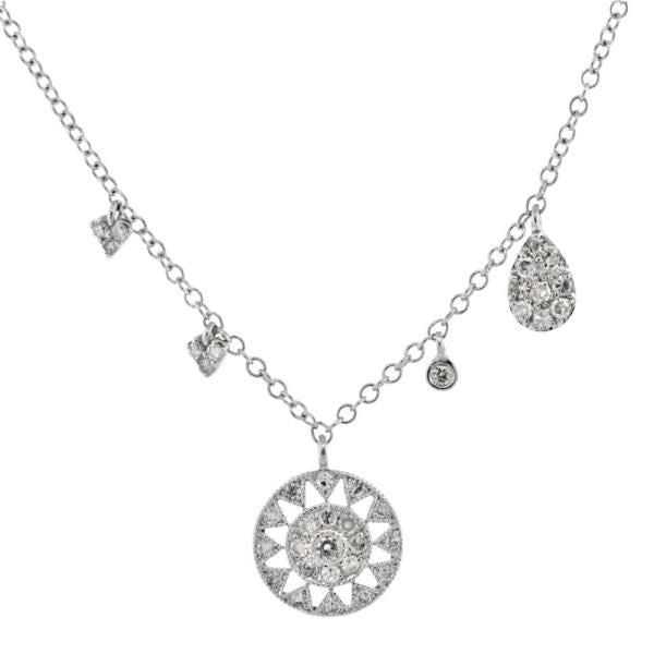 Circle Lace Pavé Diamond Pendant with Diamond Drops in 14k White Gold 0.21cttw