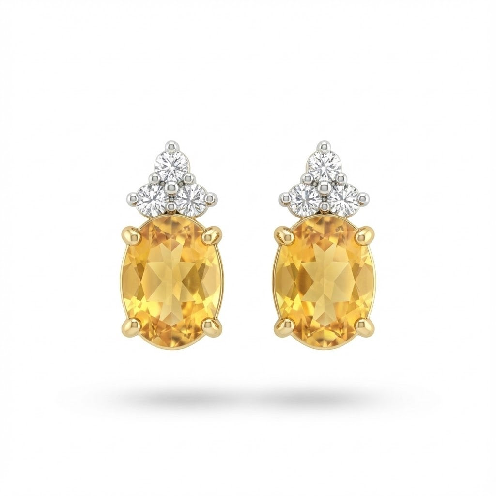 Oval Citrine and Cluster Diamond Stud Earrings in 14K Gold (Total .09cttw – Diamonds)