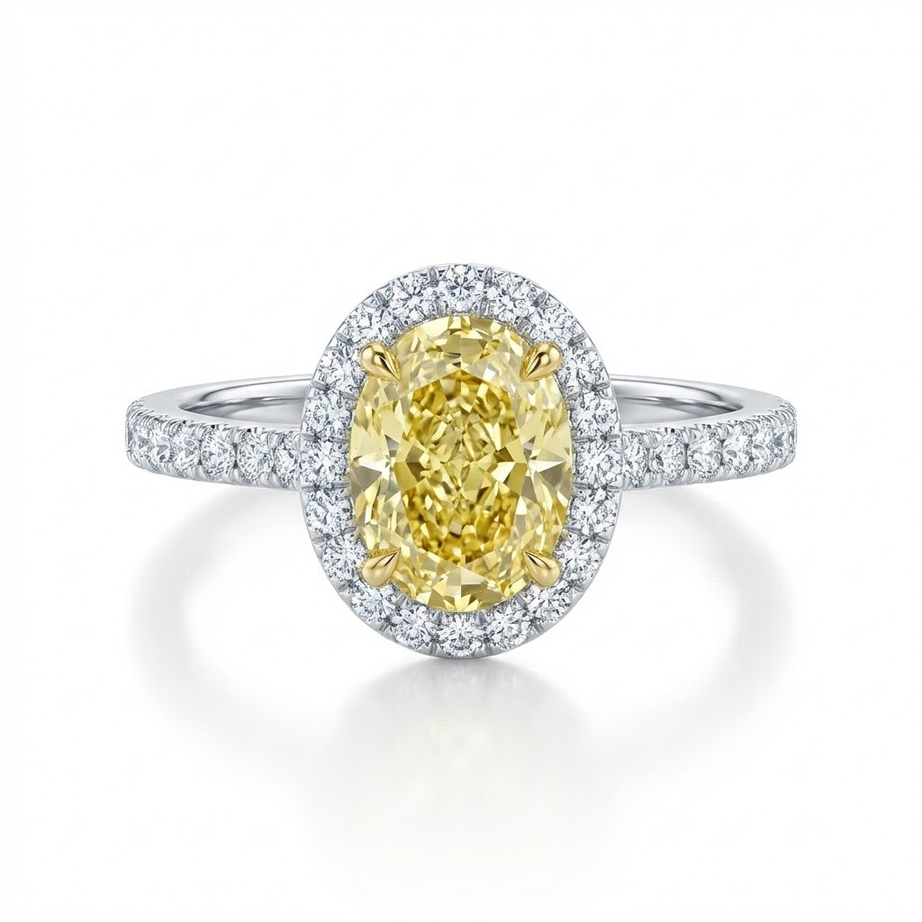 Oval Fancy Intense Yellow Diamond Engagement Ring in 18K White Gold with 1.5 ct Center and 0.50 ct Accent Diamonds