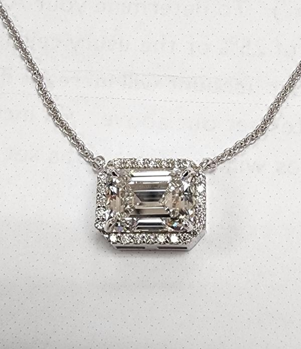 Emerald-Cut Diamond Halo Pendant in 14k White Gold 2.97cttw (GIA Certified F/VS2)