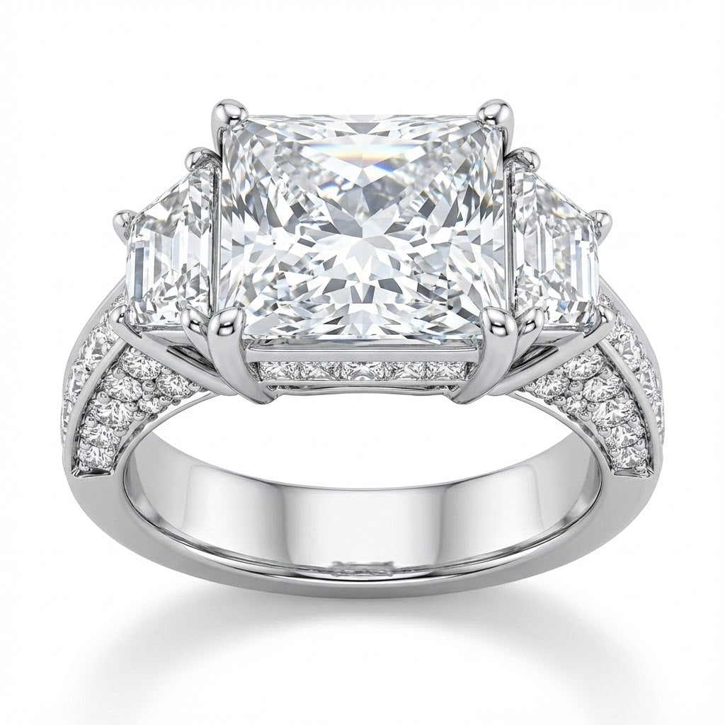 Pavé and Channel Set Princess Cut Diamond Engagement Ring with Trapezoid Accents in 18K White Gold — 1.94 ct Total Diamond Weight