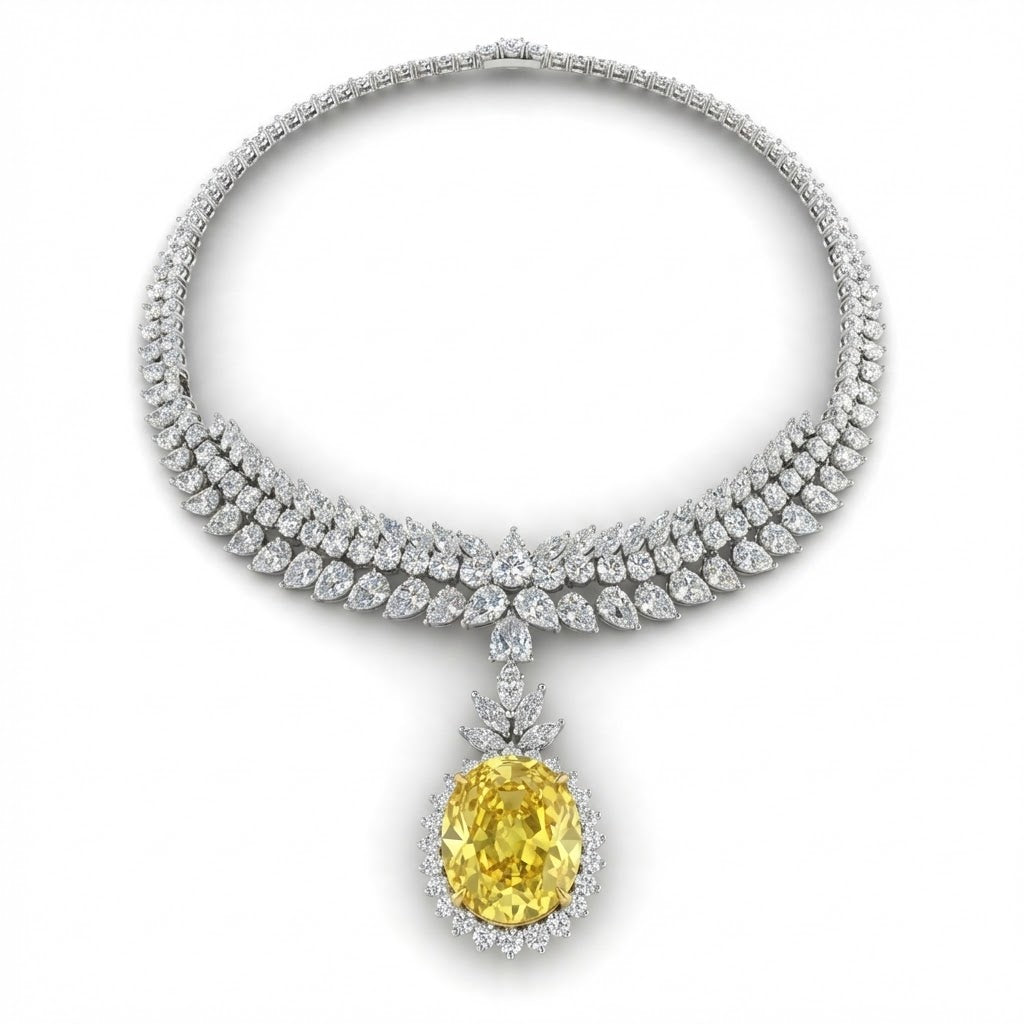 Platinum Diamond Necklace with 53ct Fancy Yellow Sapphire Pendant